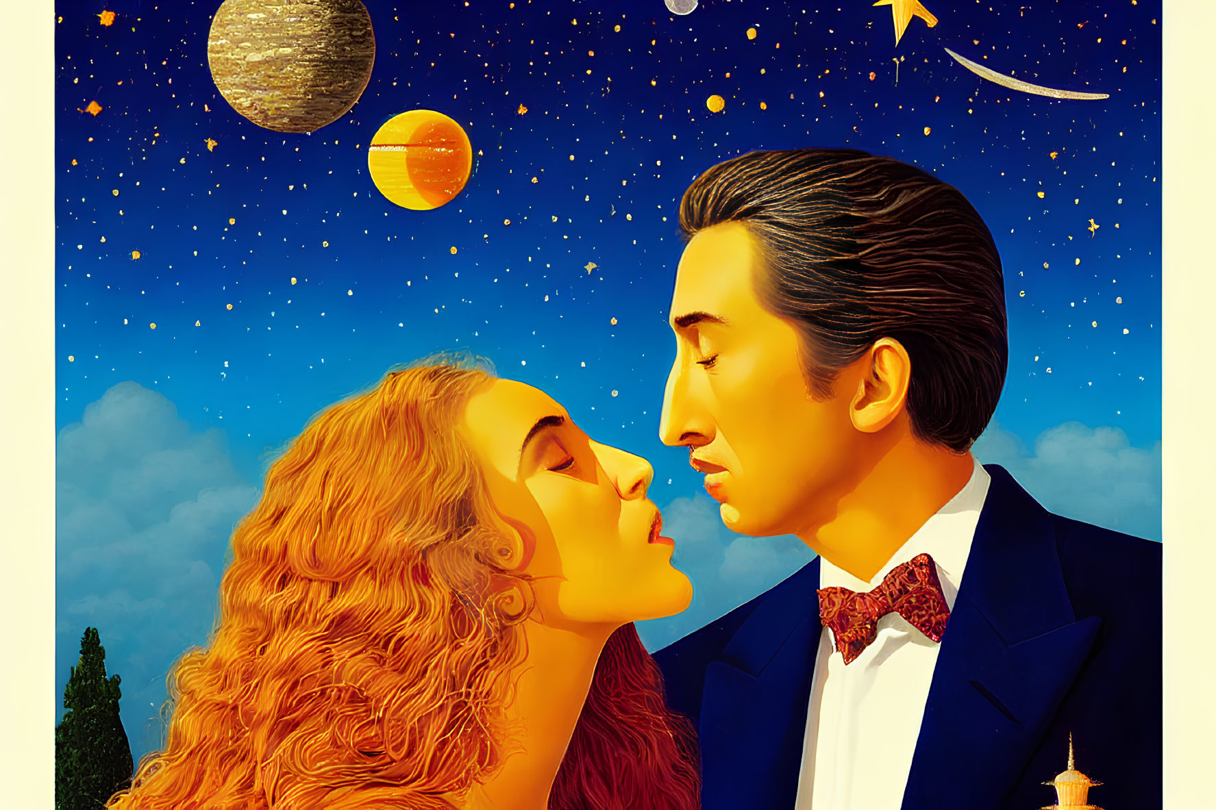 Romantic couple illustration with cosmic vintage vibe