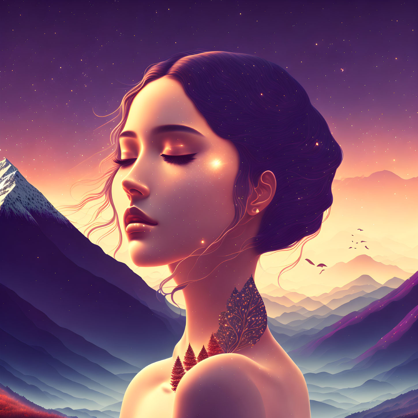 Woman's glowing skin side profile against mountainous backdrop under starry sky