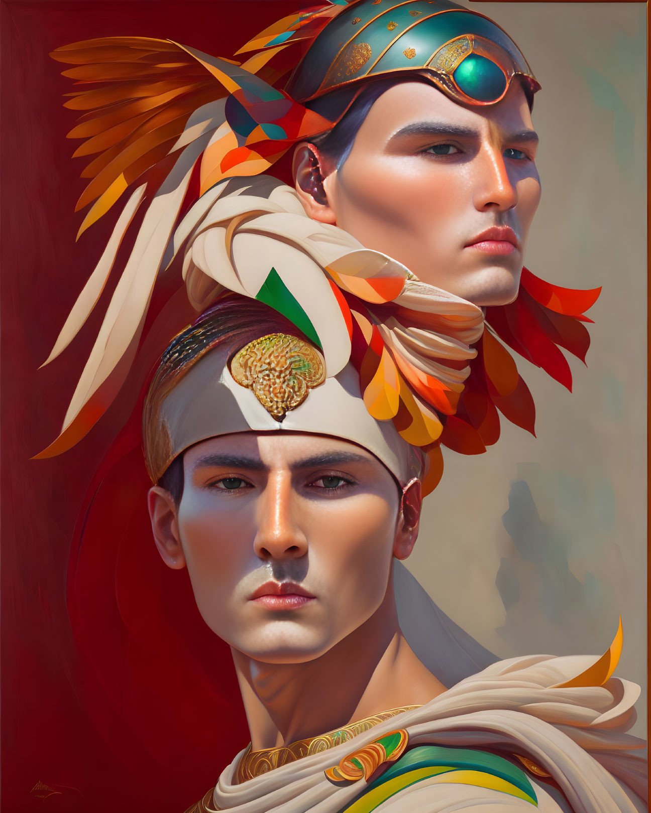 Stylized portraits of person in feathered headdresses and regal attire