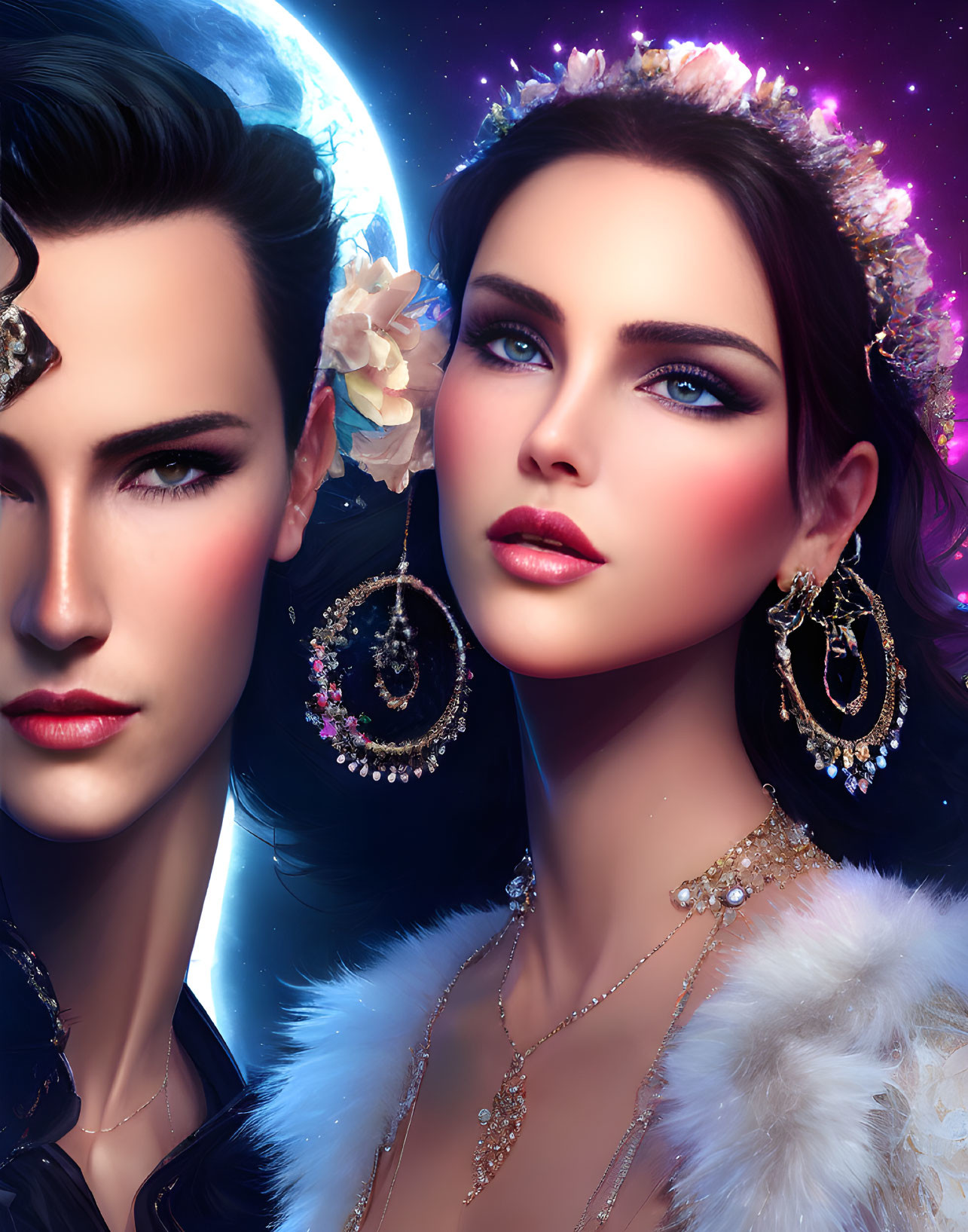 Two women with elaborate makeup and jewelry under a cosmic moonlit sky