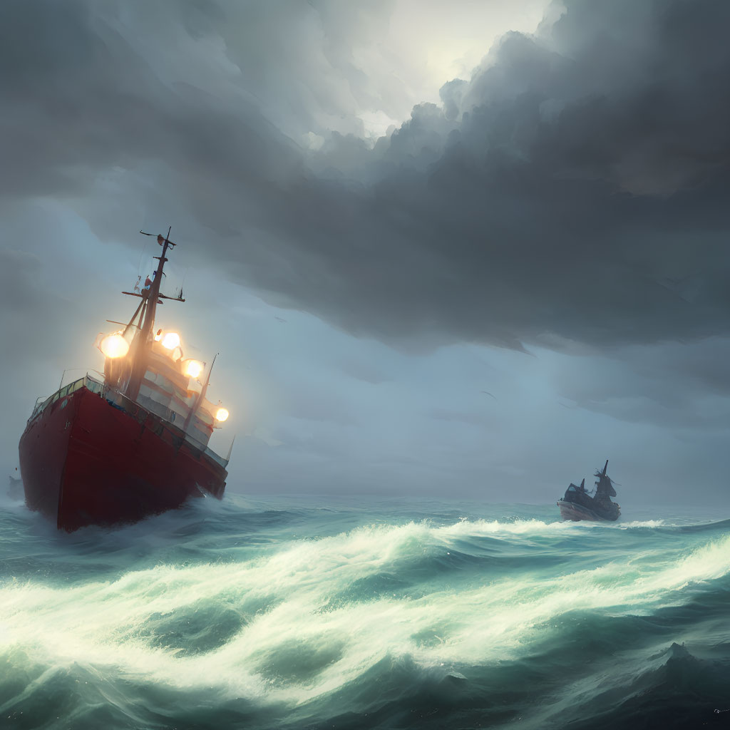 Ships in Turbulent Sea Waters Under Stormy Sky