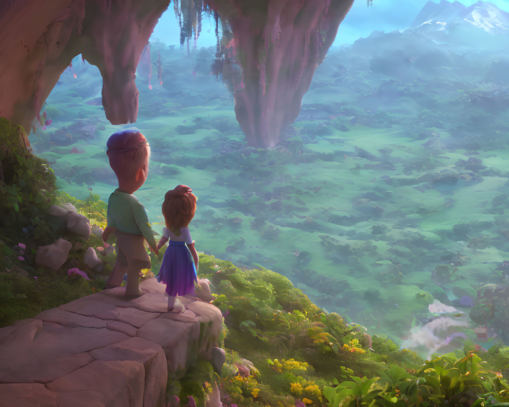 Animated children on cliff edge overlooking lush valley with mountains in soft light