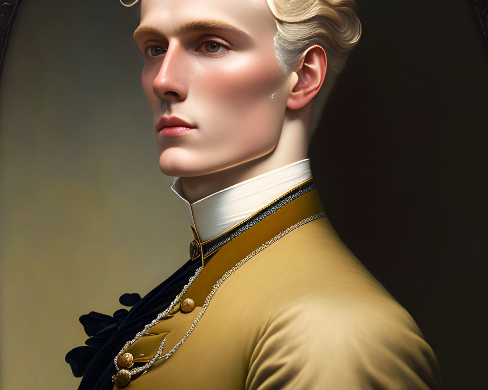 Blond-Haired Man in Vintage High-Collared Outfit with Gold Trim