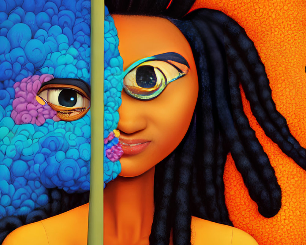 Illustration of person with vibrant orange and blue hair holding a sword in front of one eye.