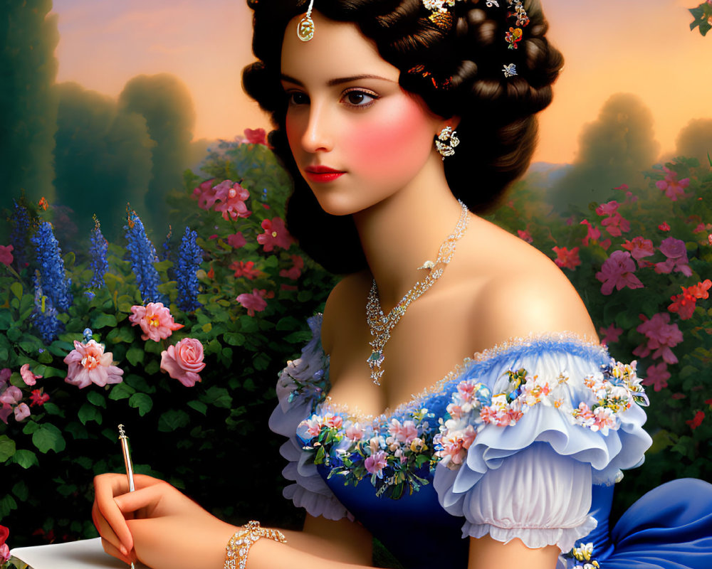 Portrait of elegant woman in blue dress with ornate jewelry writing at table amidst colorful flowers and serene background