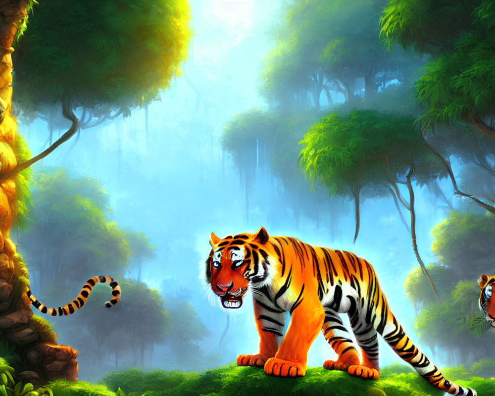 Three tigers in lush green jungle under sunlight