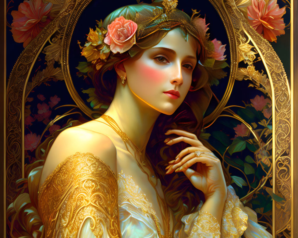 Elegant woman in floral crown and golden attire under ornate gilded arch