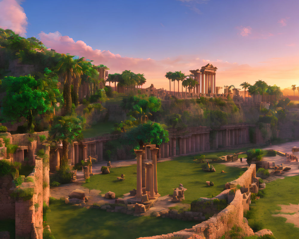 Ancient ruin with towering columns in lush greenery at sunset