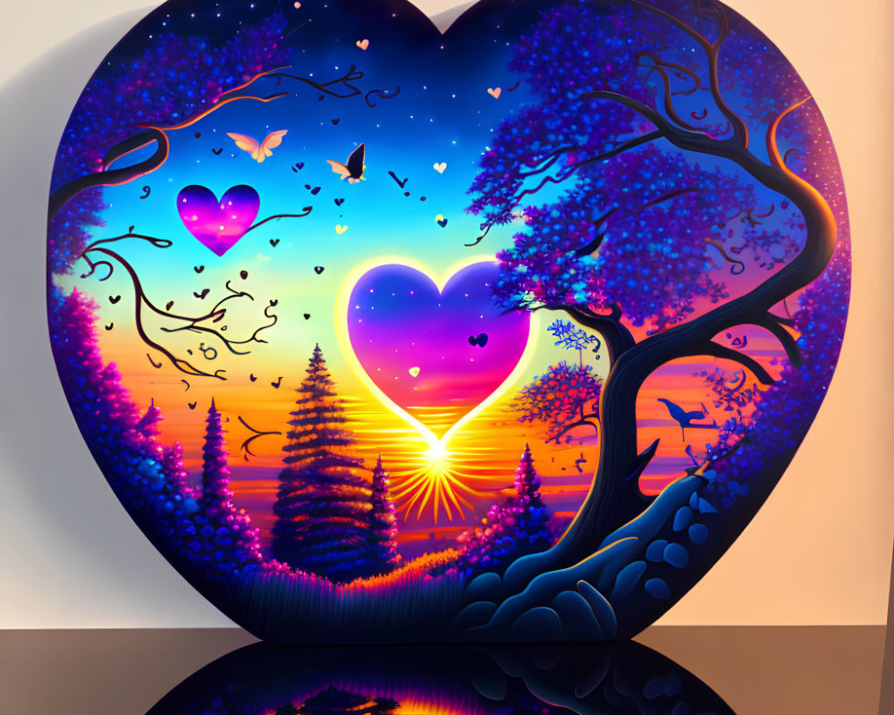 Colorful Heart-Shaped Tree Silhouette Artwork with Sunset and Starry Sky