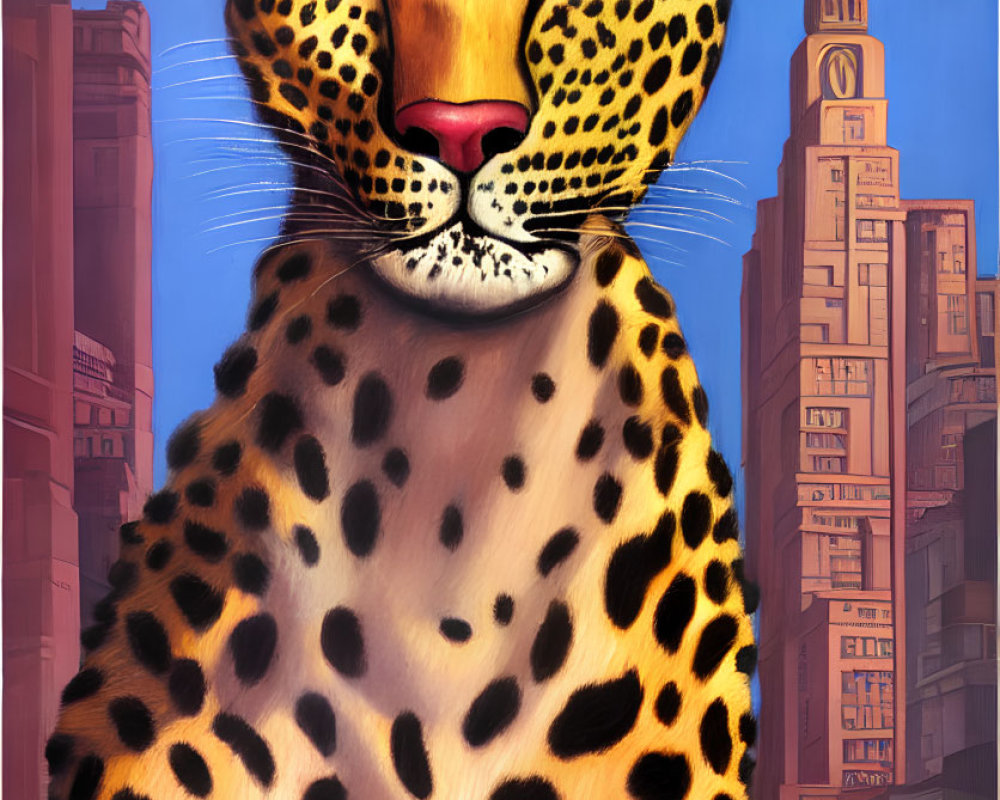 Surreal illustration of giant leopard with two cubs and cityscape with tower