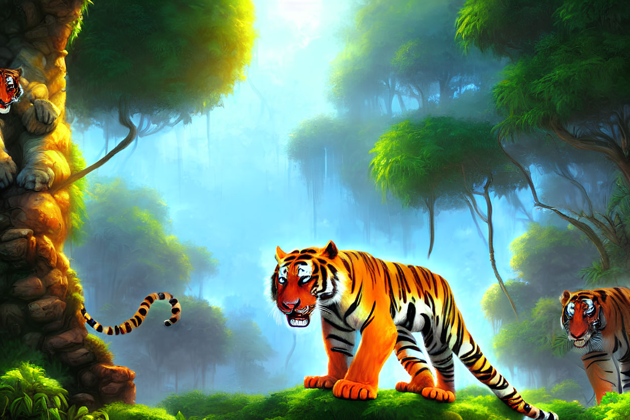 Three tigers in lush green jungle under sunlight