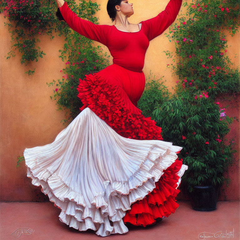 Vibrant red flamenco dancer in ruffled dress among blooming flowers