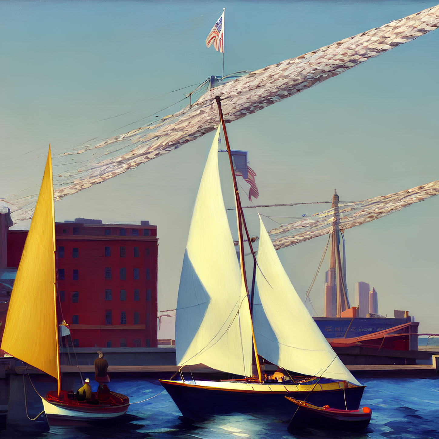 Colorful painting: two sailboats with yellow sails, city backdrop, ship's rope, UK flag