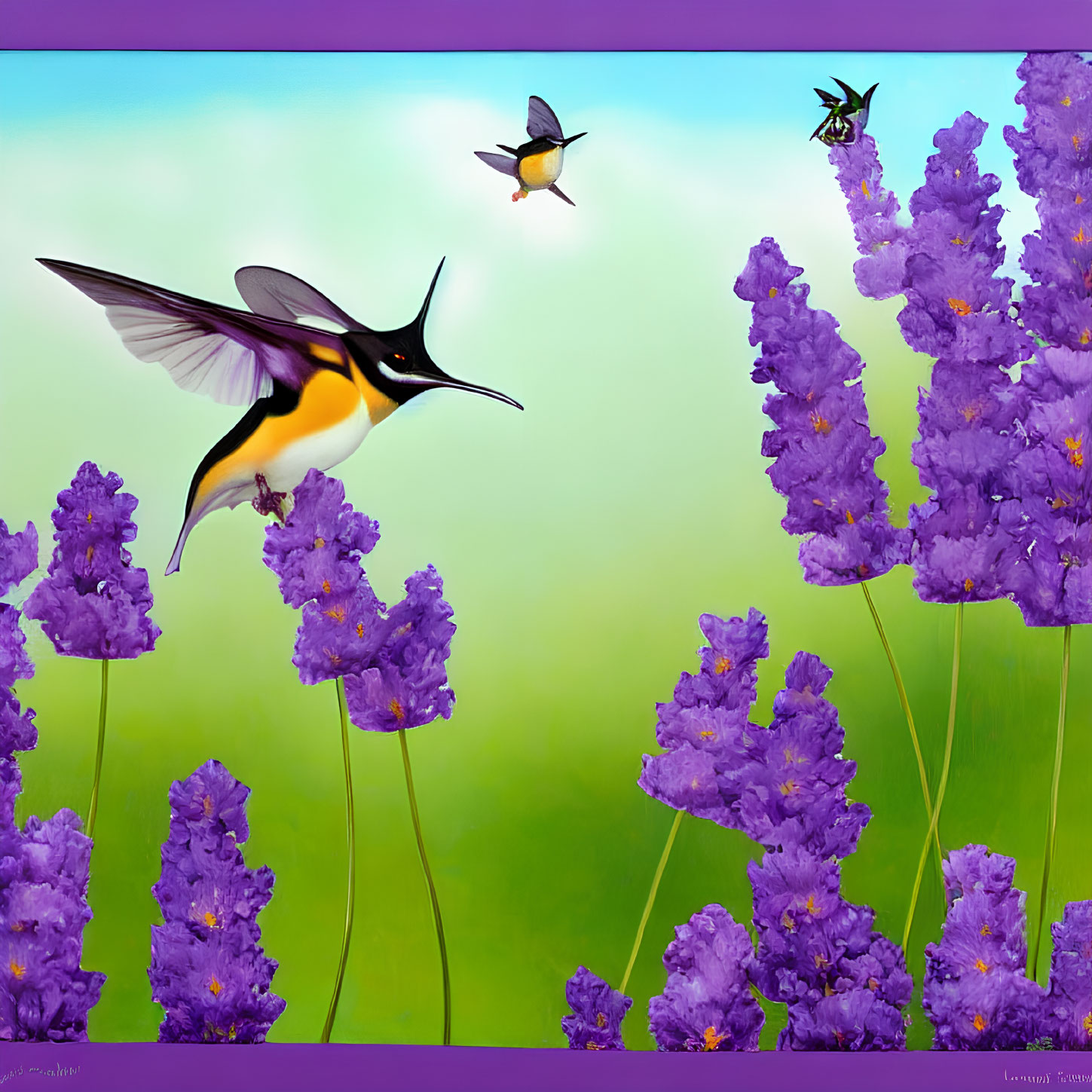 Vibrant hummingbirds flying near purple flowers on green backdrop