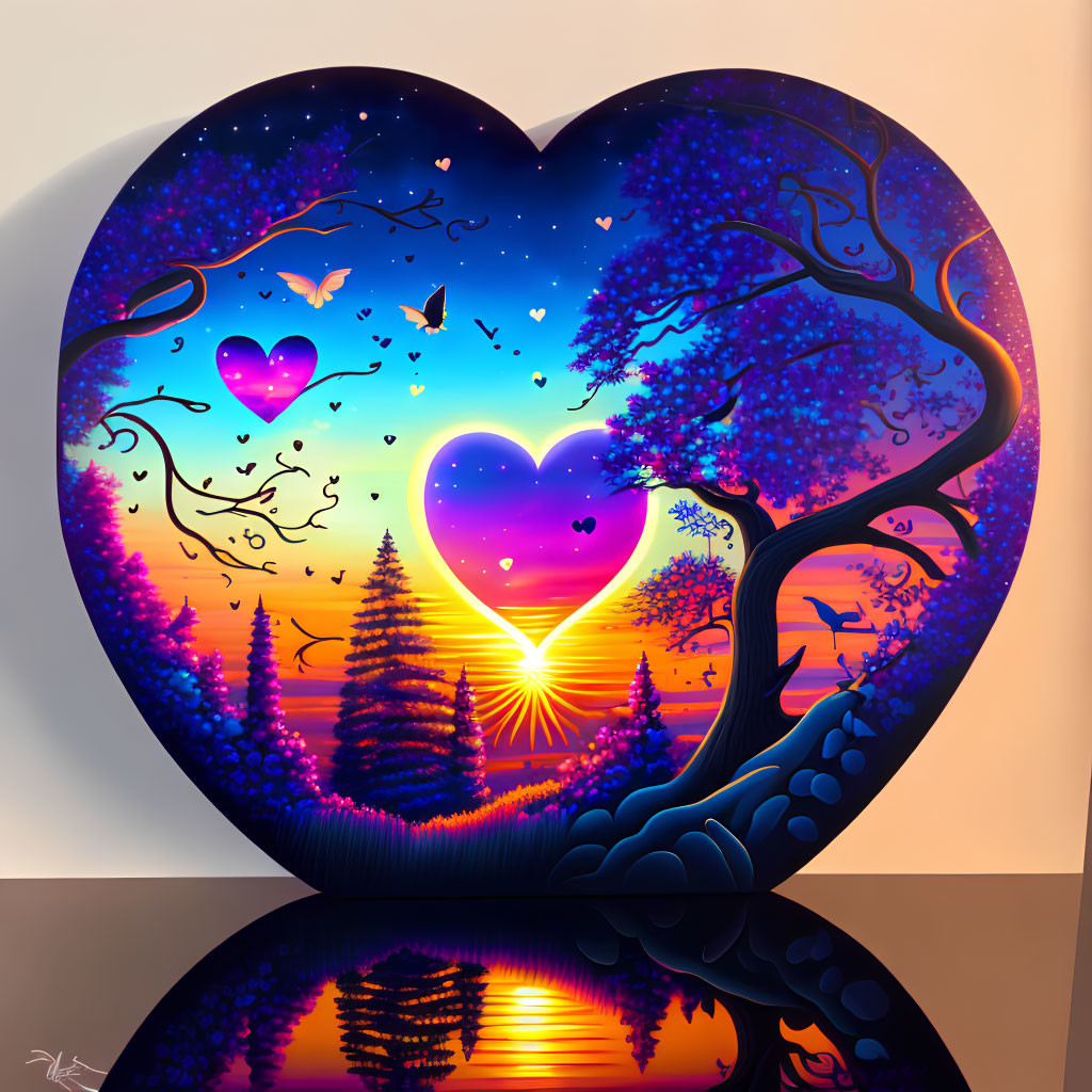 Colorful Heart-Shaped Tree Silhouette Artwork with Sunset and Starry Sky