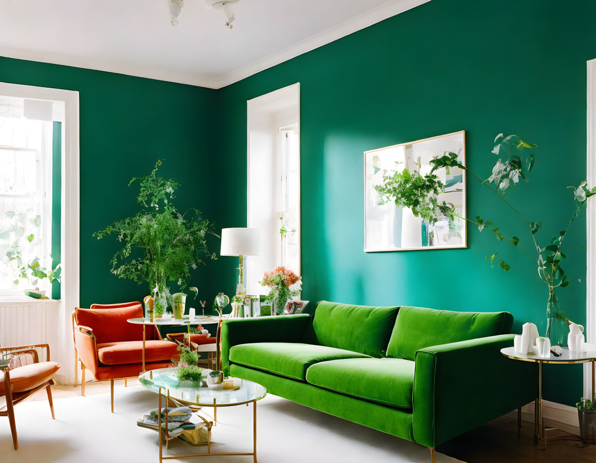 Green-themed living room with eclectic decor and vibrant furniture