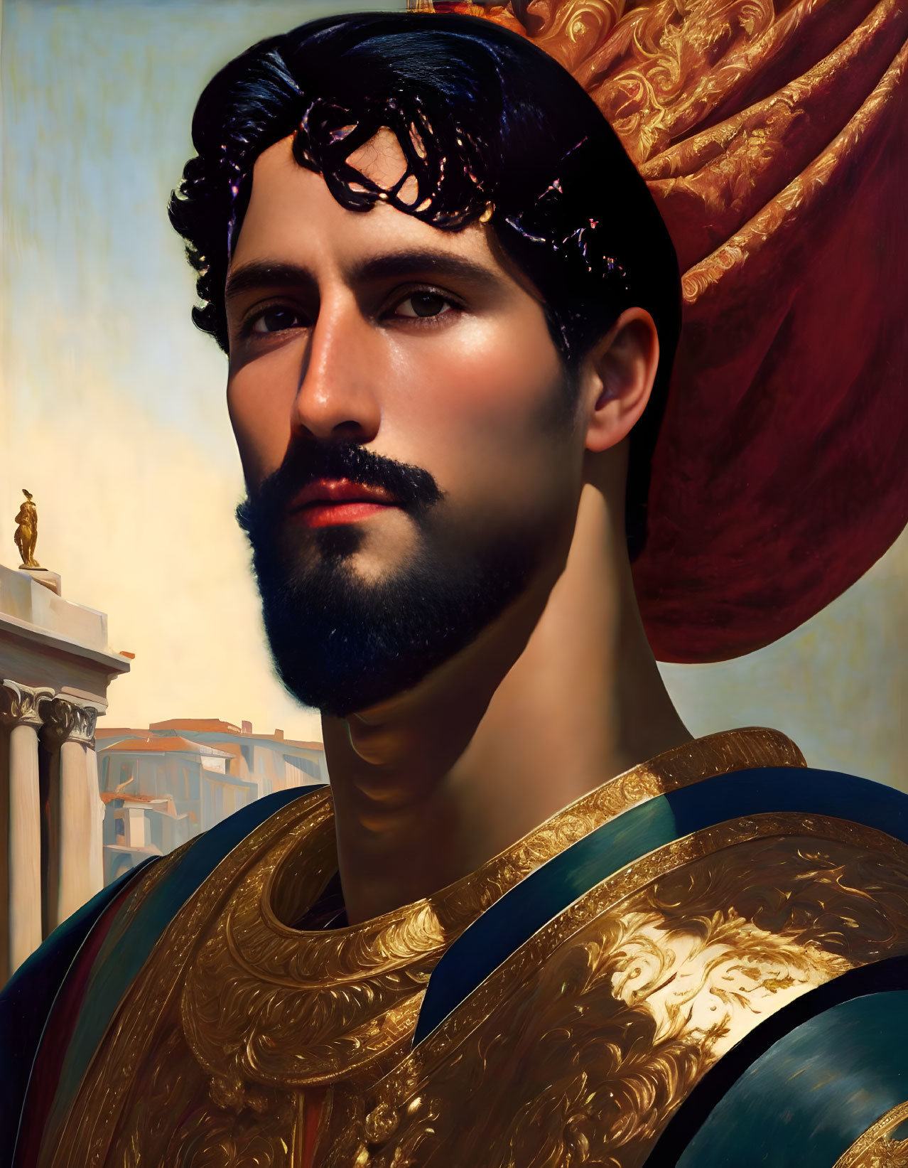 Digital portrait of man as ancient Roman emperor with laurel crown in classical setting