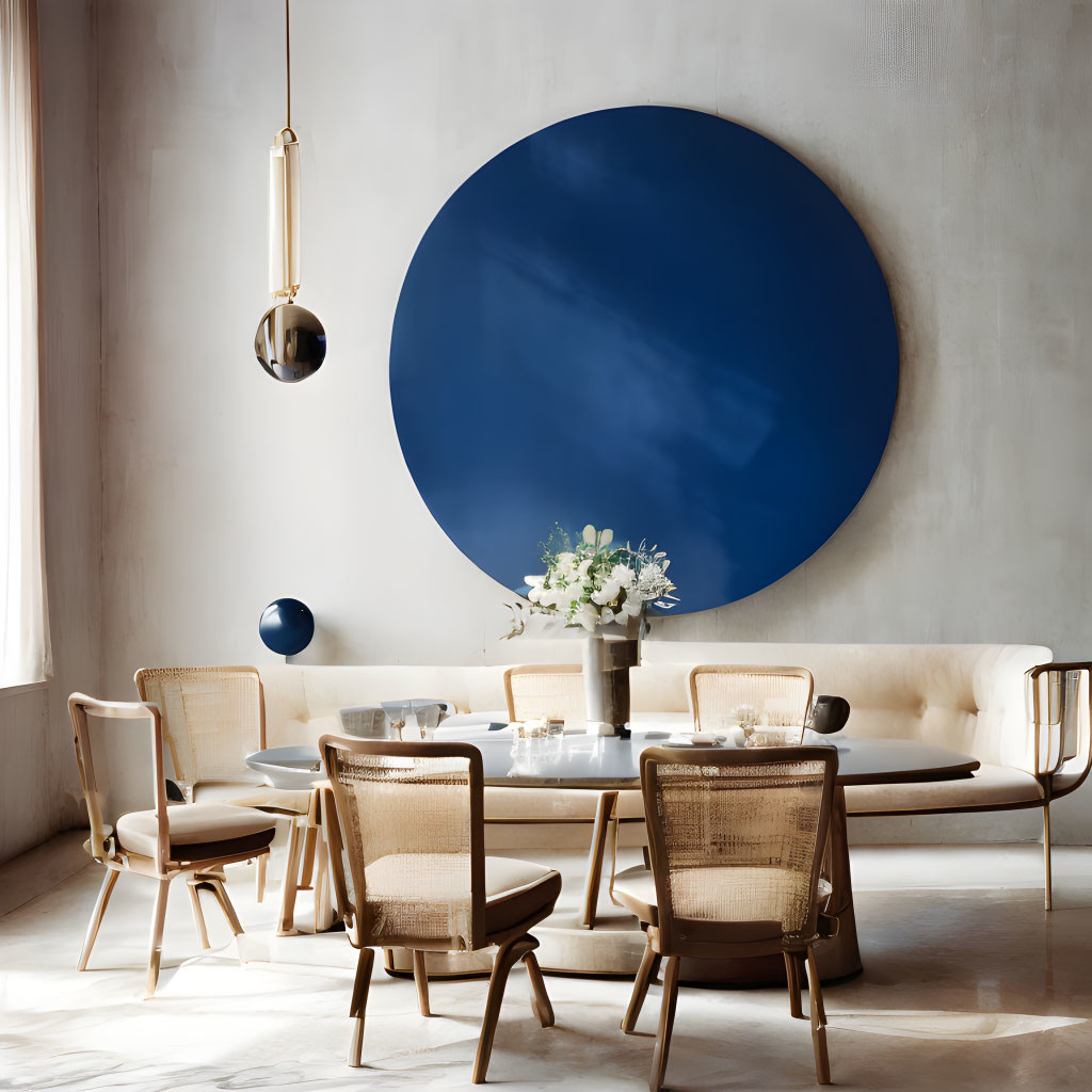 Minimalist dining room with blue circular artwork, wooden chairs, neutral sofa, pendant light