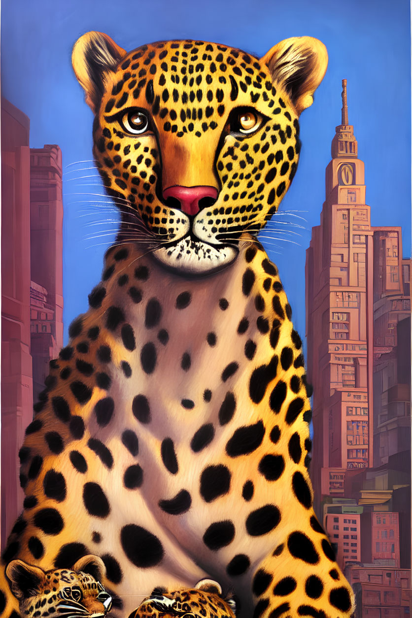 Surreal illustration of giant leopard with two cubs and cityscape with tower