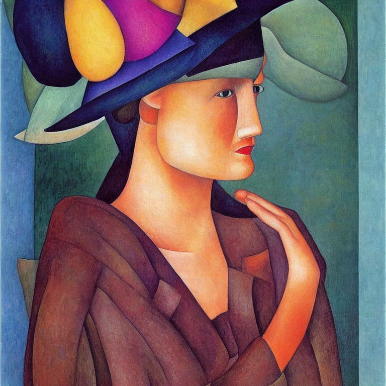 Cubist-style painting of woman with colorful abstract hat