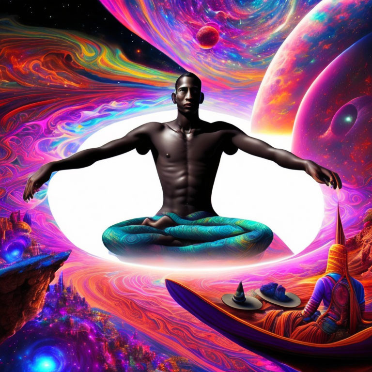 Person meditating in cross-legged pose with cosmic backdrop, planets, stars, and boat.