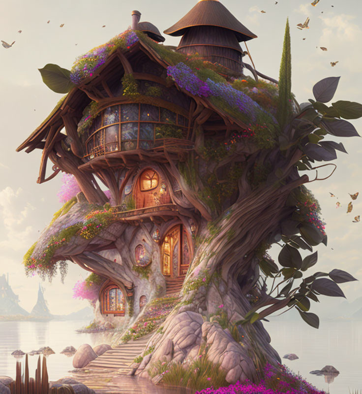 Whimsical treehouse with vibrant blooms and rounded windows by tranquil lake