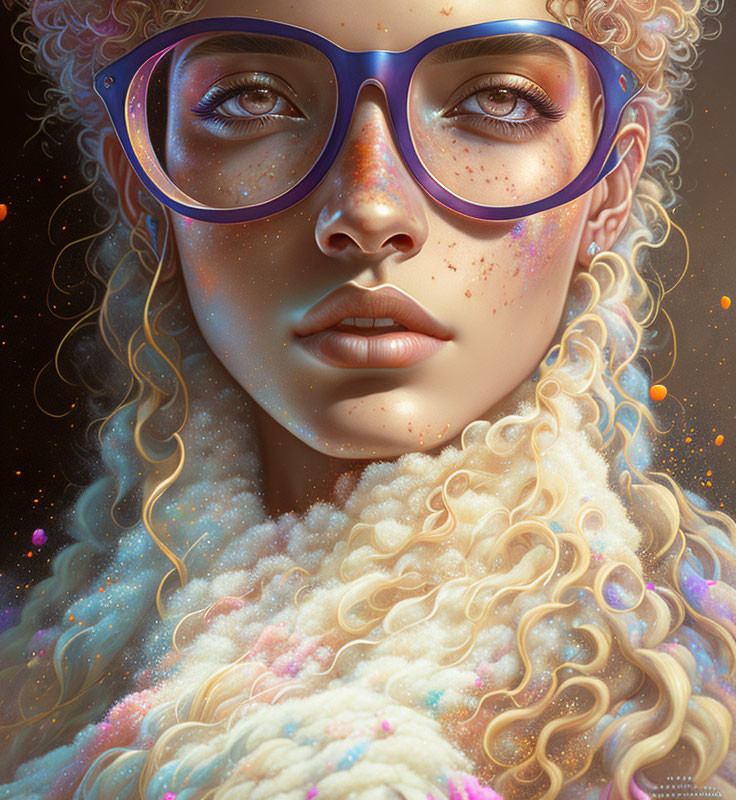 Digital illustration: Woman with curly hair, blue glasses, freckles, colorful speckles