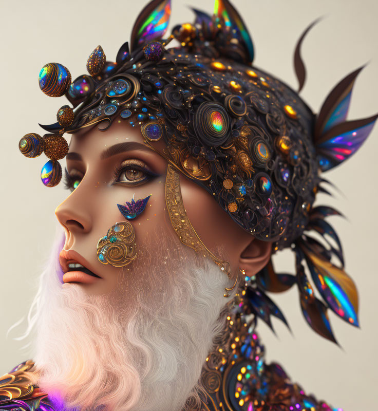 Digital art portrait of woman with ornate jewel headgear & feathers in metallic & iridescent colors