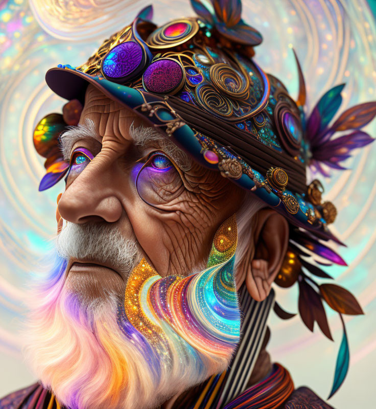 Colorful Psychedelic Elderly Man with Decorative Hat and Beard