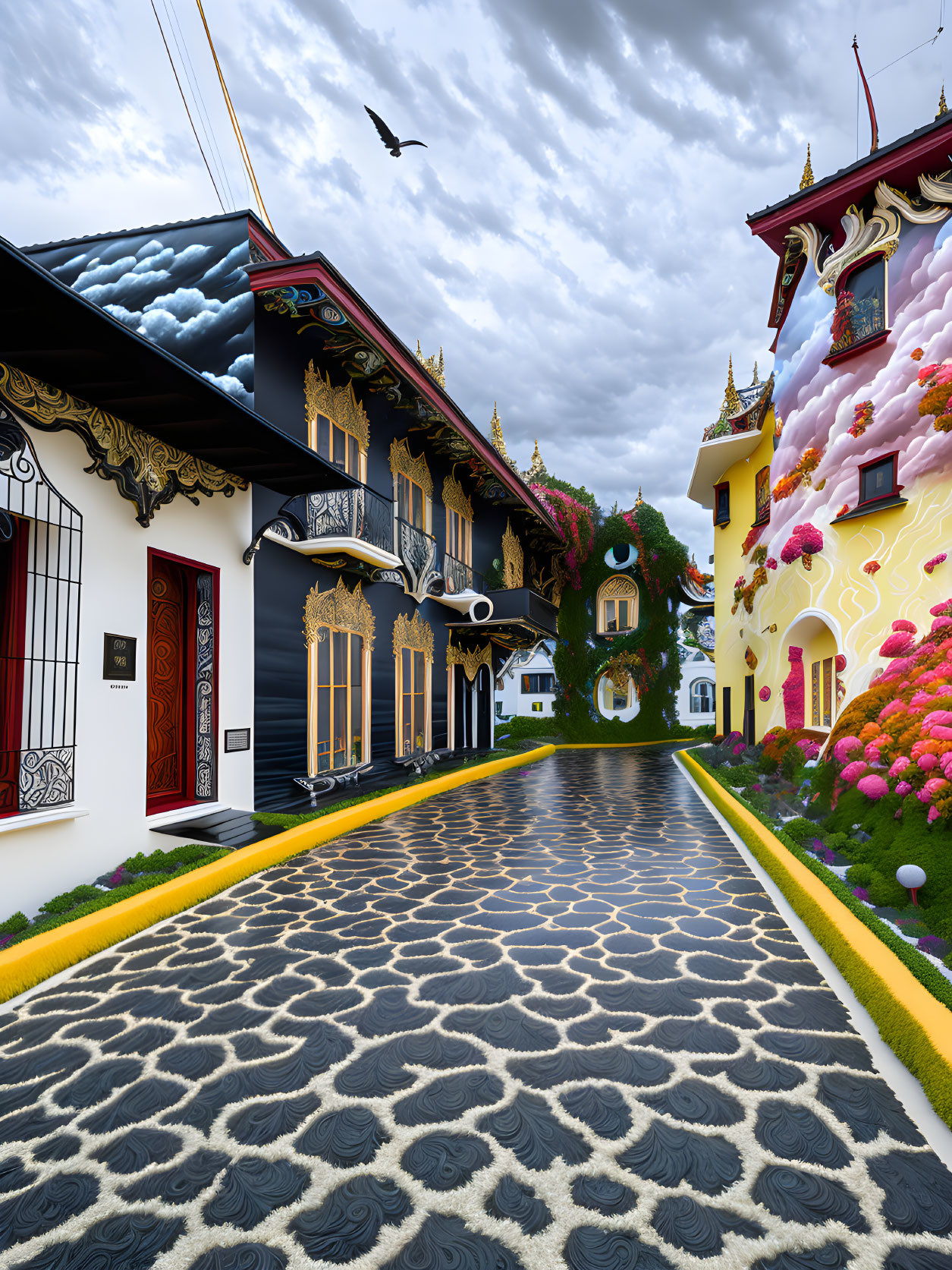 Whimsically Painted Houses on Cobblestone Street with Gold Detailing