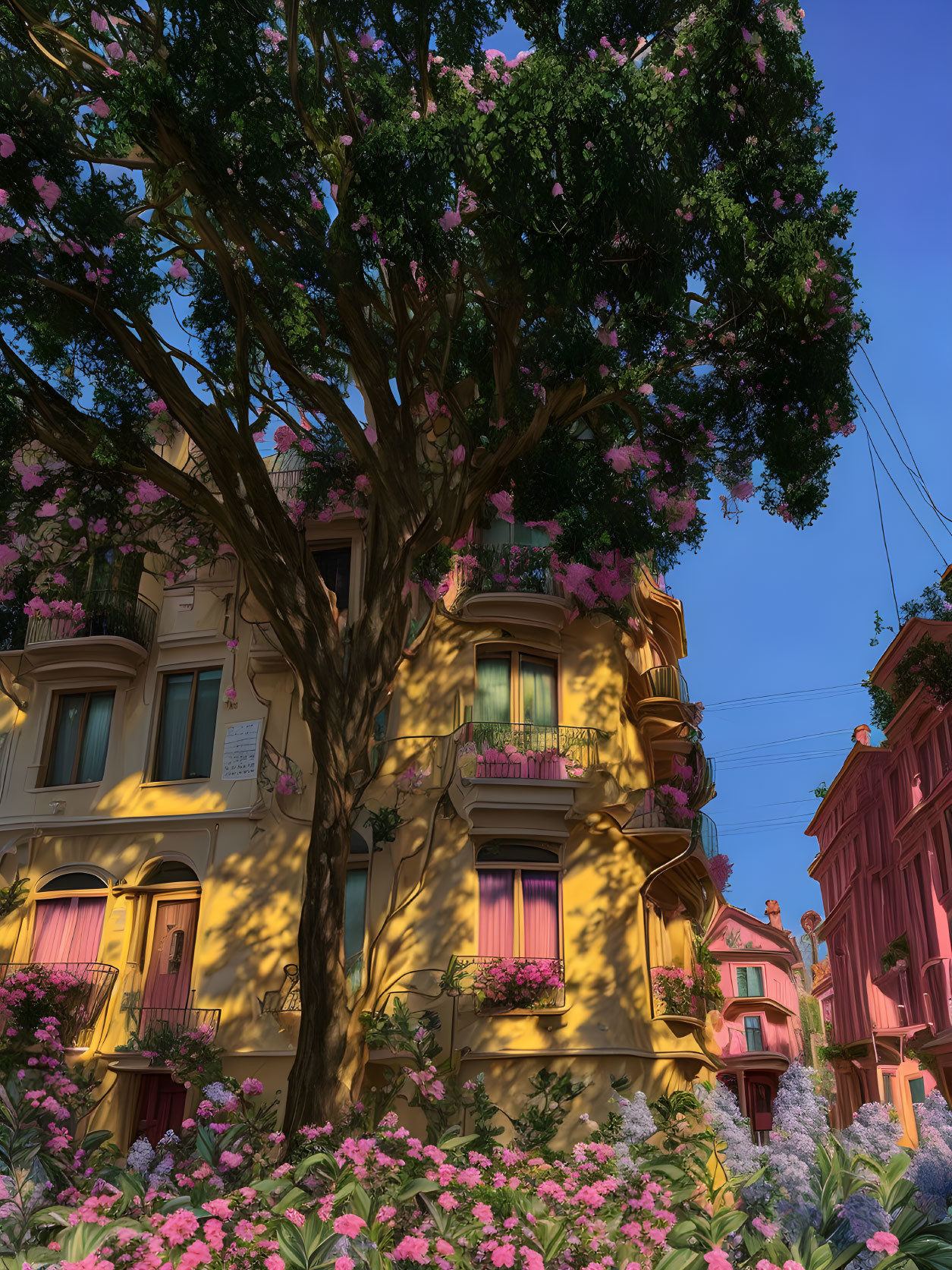 Yellow Building with Pink Flowering Balconies in Lush Garden