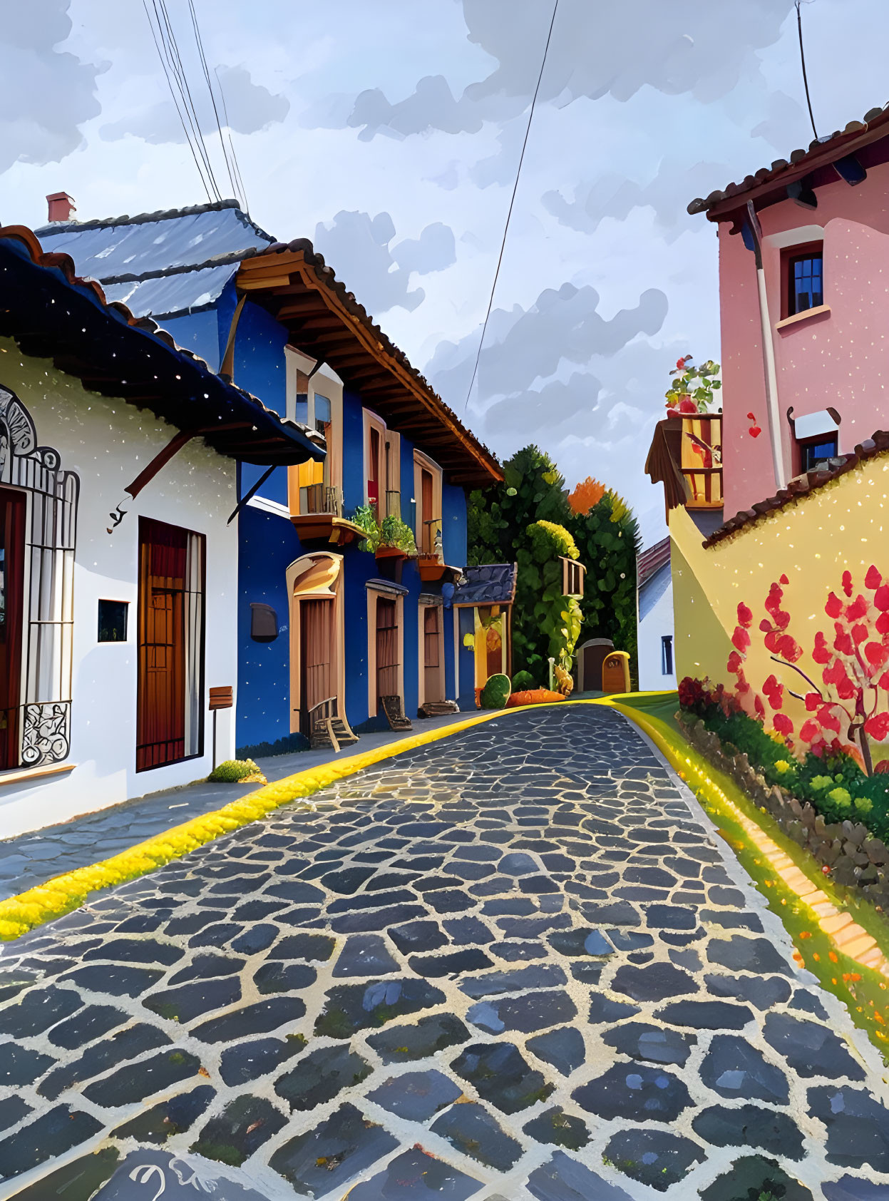 Vibrant cobblestone street with colorful houses and flower-adorned balconies