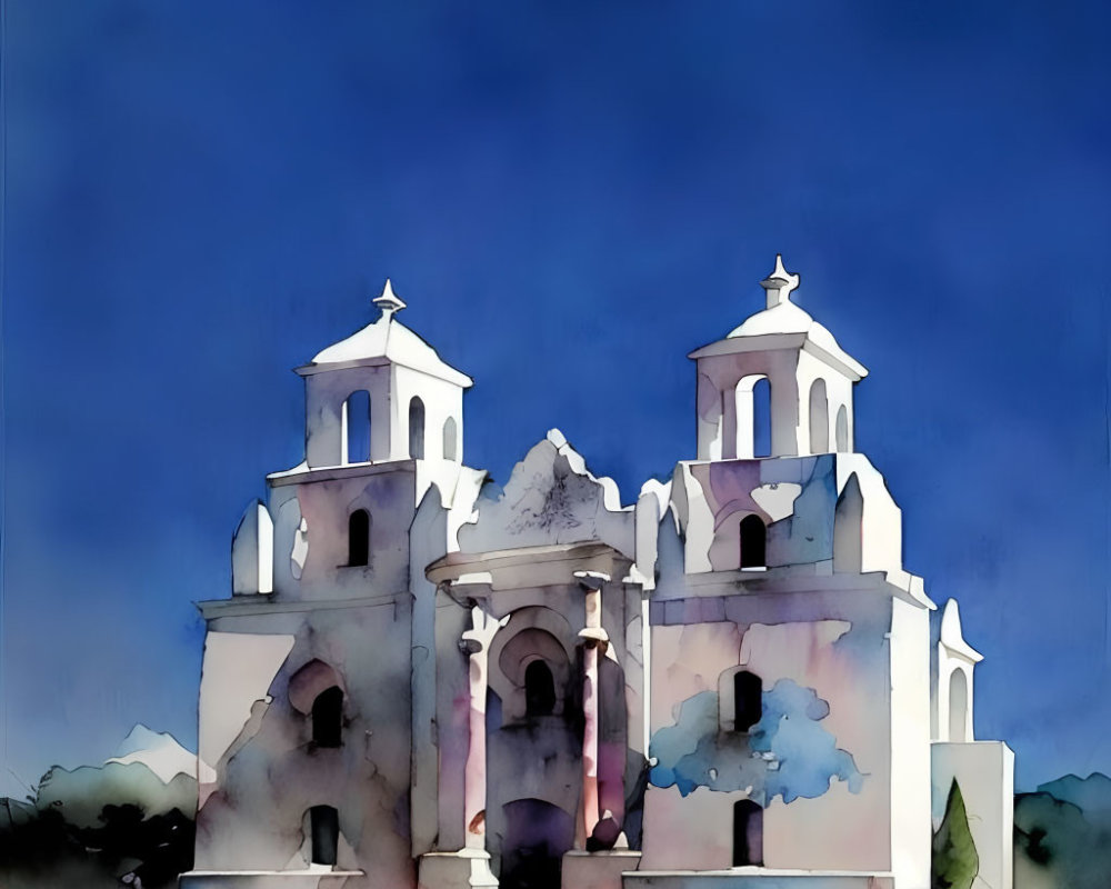 Historic white church with bell towers in watercolor art.