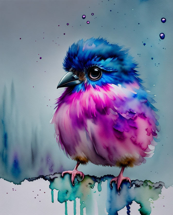 Colorful bird illustration with blue to purple gradient feathers and watercolor drips on a soft background