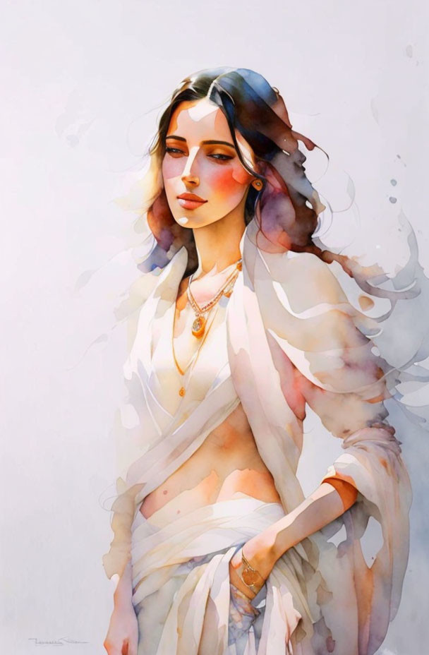 Woman in flowing white garments: Ethereal watercolor painting