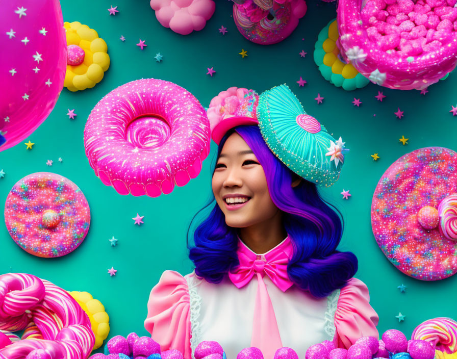 Colorful woman with blue hair in candy and balloon scene