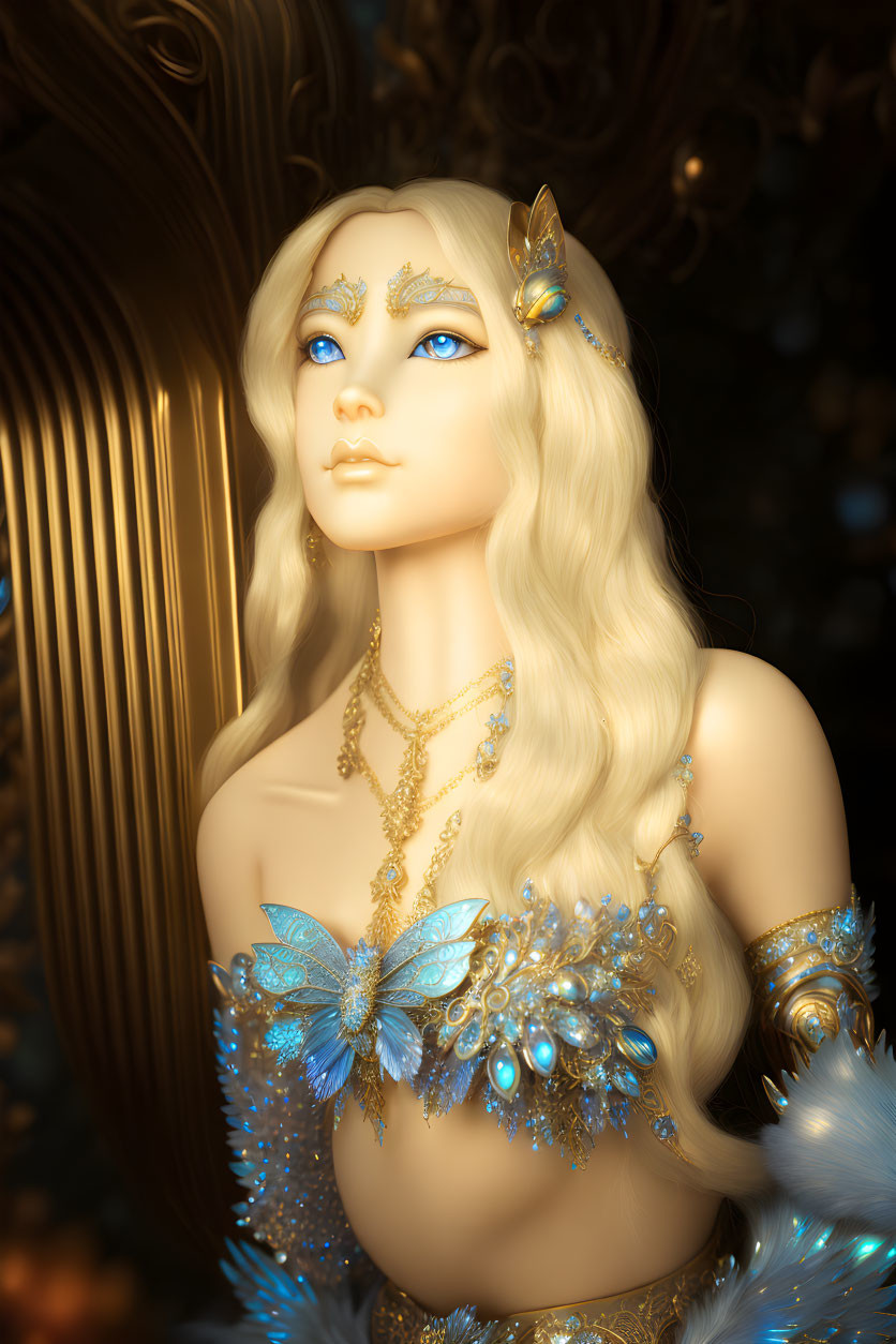 Intricate golden jewelry on woman with blue butterfly-themed accessories