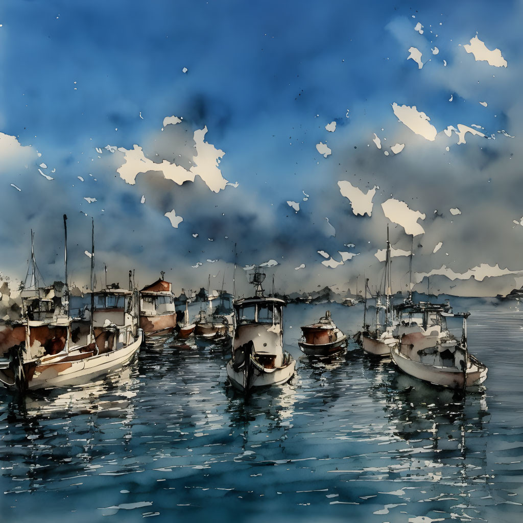 Boats in Serene Harbor Watercolor Painting