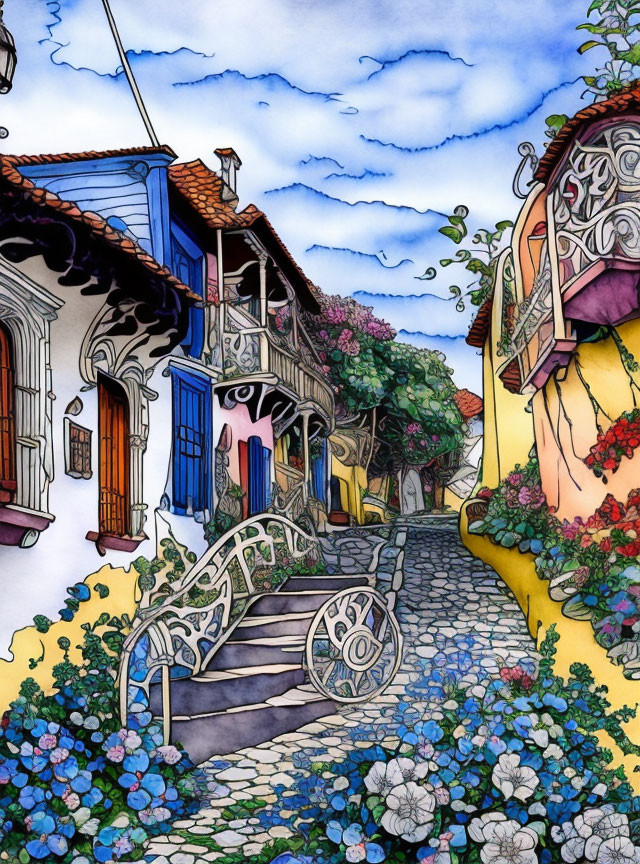 Colorful alleyway scene with blooming flowers and cobblestone path