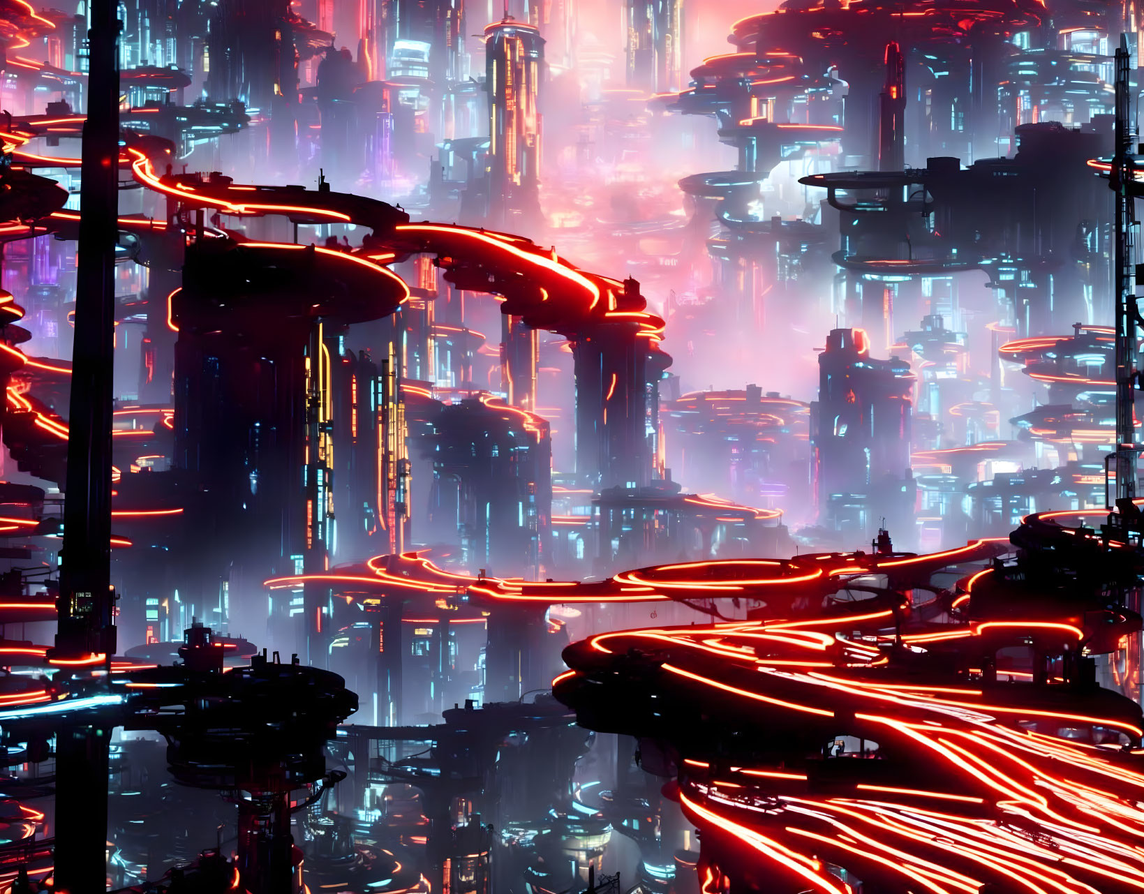 Futuristic cityscape with neon-lit skyscrapers and glowing roads