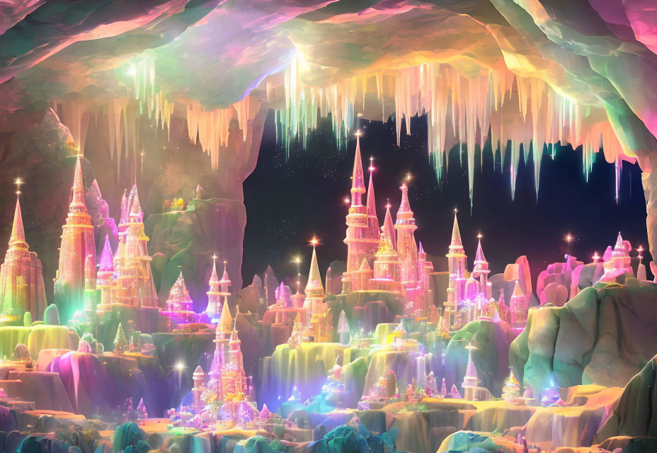 Colorful Crystal Formations and Magical Castles in Vibrant Fantasy Cavern