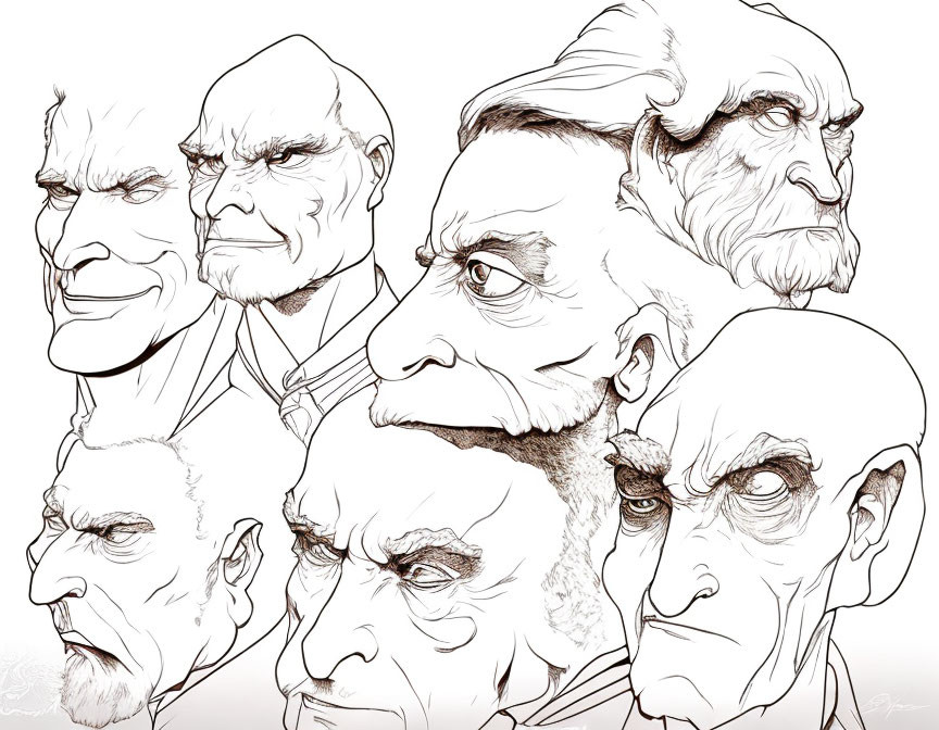 Monochrome sketch of expressive male faces with varied grim and thoughtful expressions