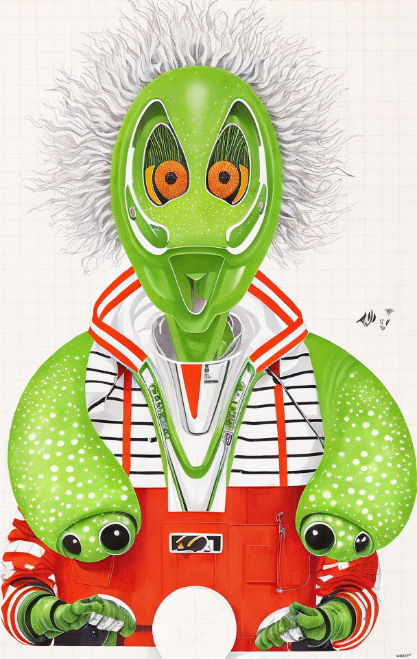 Green Alien Character in Striped Hoodie & Red Overalls with Wrench