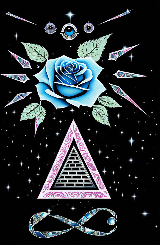 Stylized graphic of blue rose, crystals, eyes, stars, pink triangle, and infinity symbol