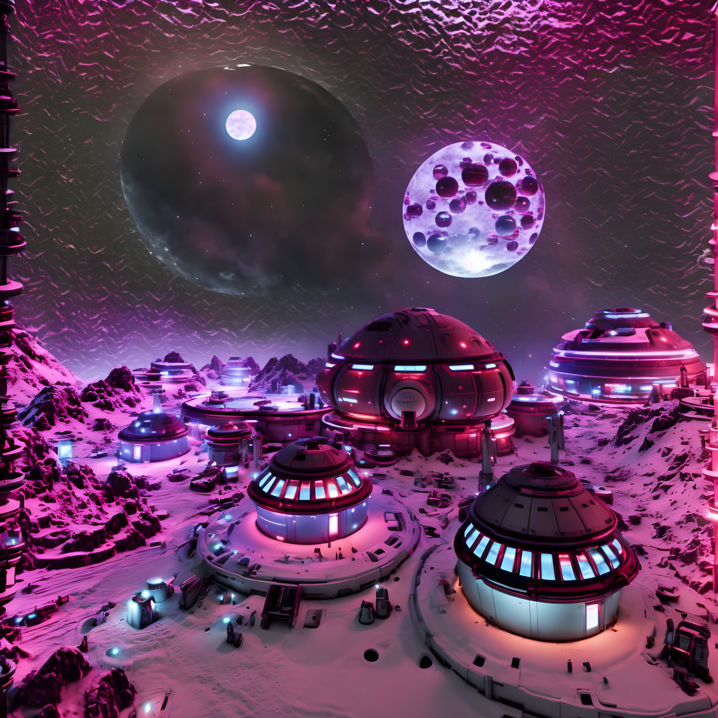 Futuristic lunar base with domed structures under pinkish sky