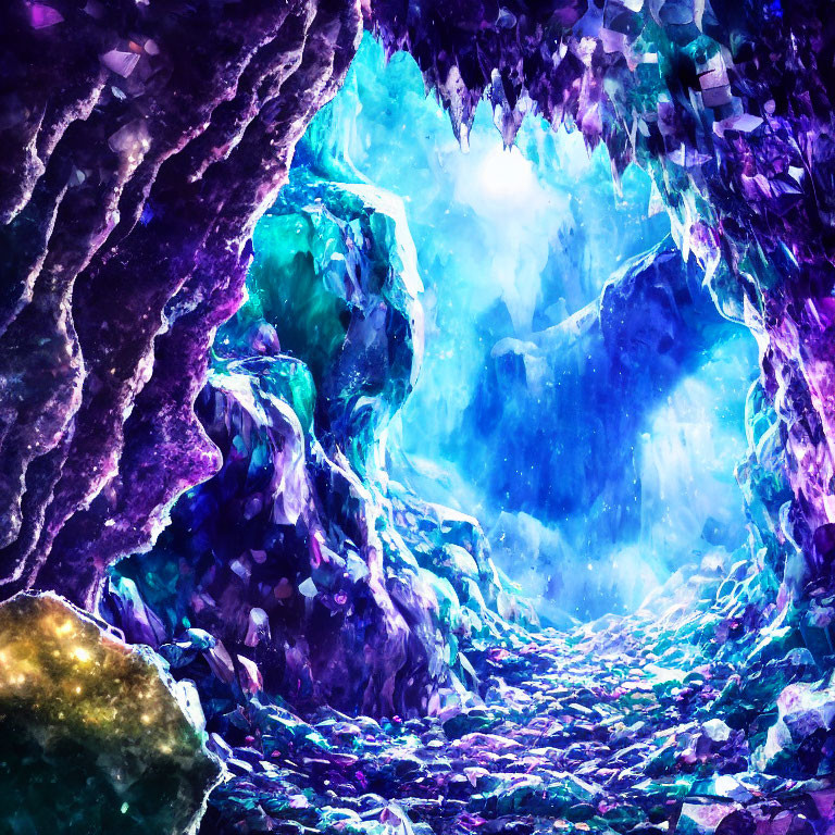 Vivid Crystal Cave with Blue and Purple Hues In Light