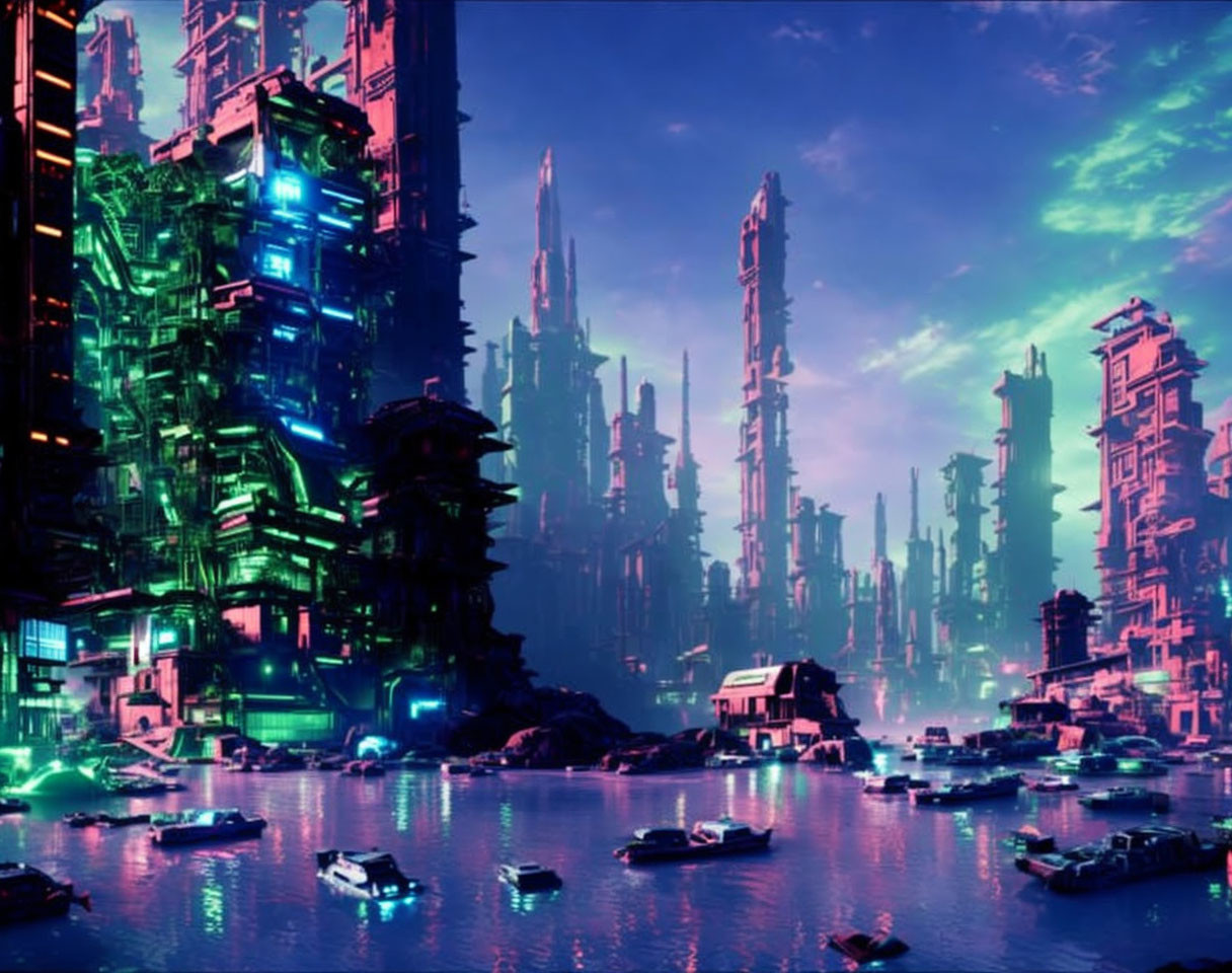 Futuristic neon-lit cityscape with skyscrapers and waterways at twilight