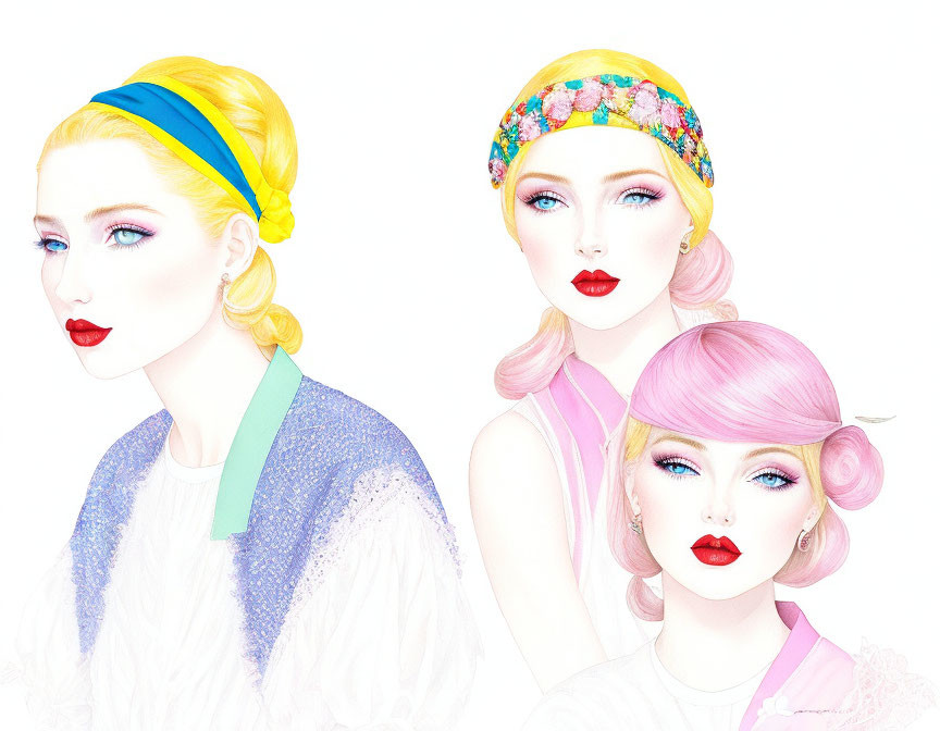 Colorful portraits of women with bold makeup and vibrant headbands on white background