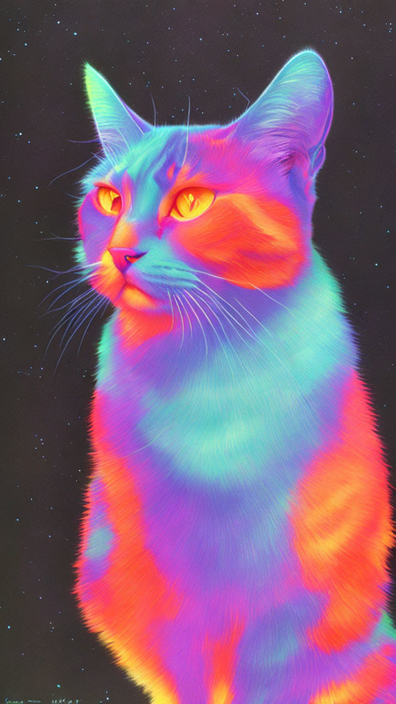 Vibrant neon cat art in blue, orange, and purple hues on starry backdrop