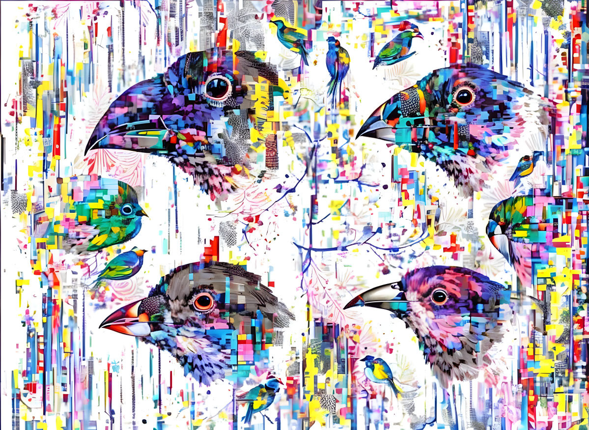 Abstract Bird Artwork with Vibrant Colors and Pixelated Effects